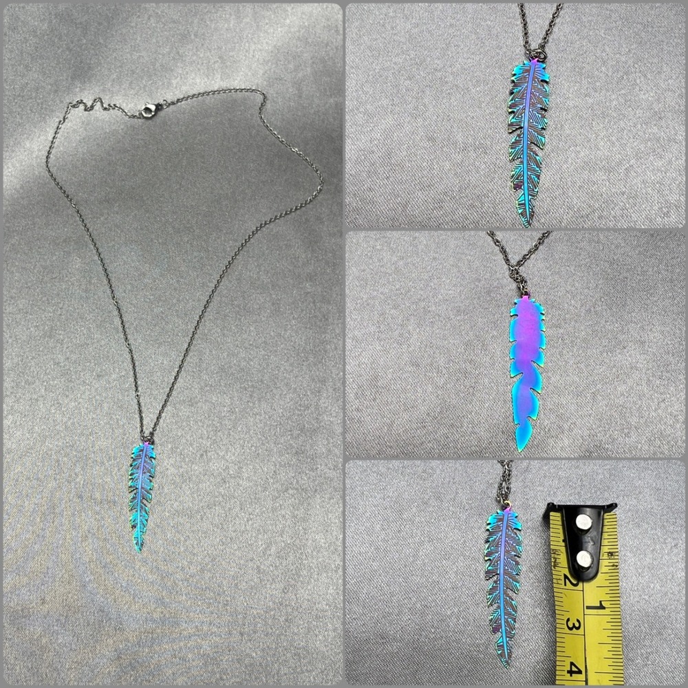 Iridescent Feather Pendant Necklace Rainbow Oil Slick Anodized Metal 19 Inch
